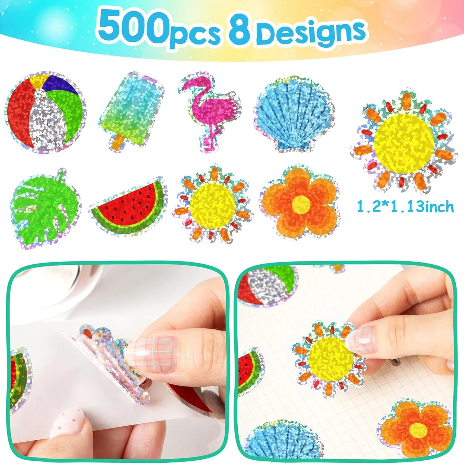 500Pcs 여름 스티커 롤 홀로그램 레이저 하와이 열대 루아우 비치 데칼 계절별 휴일 파티 선물 DIY 공예품