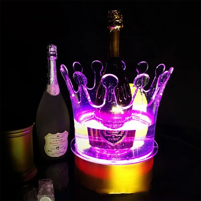 New Crown LED Rechargeable Ice Buckets Acrylic Growing Wine Holder Waterproof Bar Ice Cooler Champagne Wine Beer Bucket