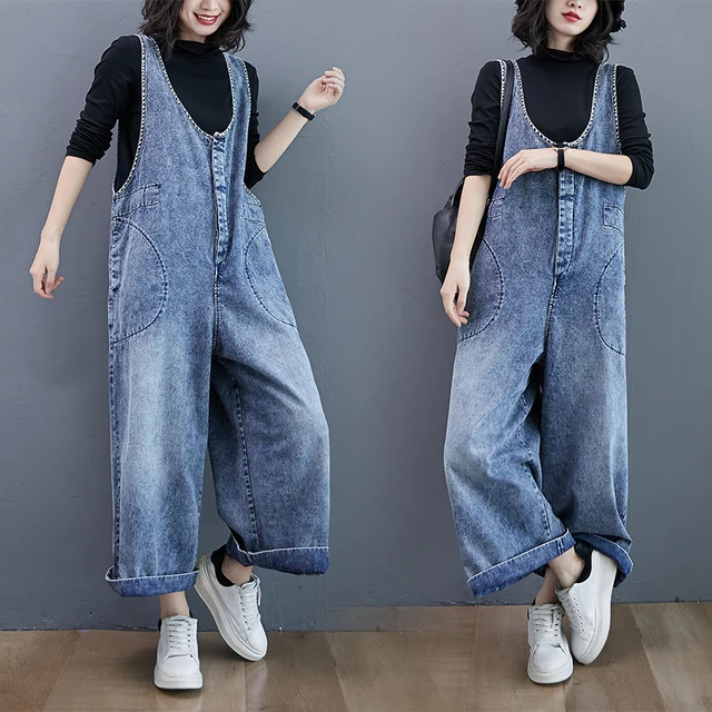 Slimming Denim Overalls Women's Spring  New Loose plus Size Faionable Wide Leg One-Piece Pants Anti-Aging Trendy