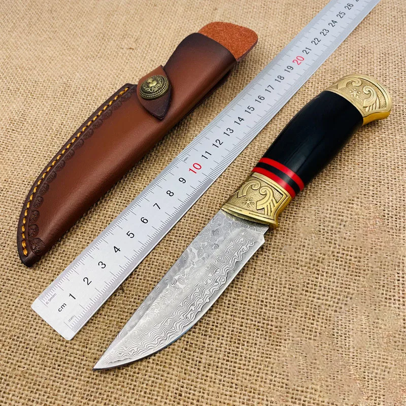 

Damascus Steel High Hardness Hunting Knife Survival Outdoor Camp Portable Fixed Knife Tactical Military Tool With Leather Case