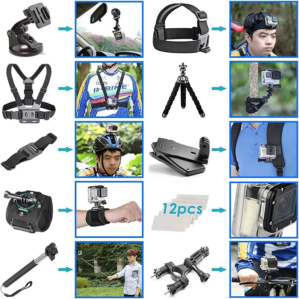 Action Camera Accessories Kit for Gopro Hero 12 11 10 9 8 7 6 5 4 Max Mount Session YI 4K SJCAM EKEN Osmo AKASO APEMAN Accessory 2