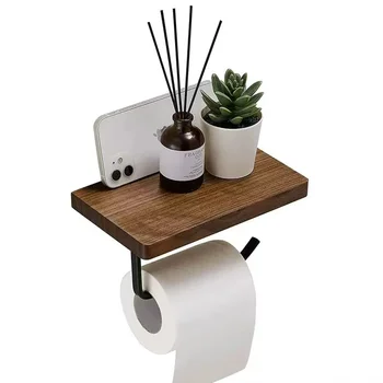 Porte-papier hygiénique avec étagère en bois de noyer naturel, porte-rouleau de mouchoirs, barre de serviettes en papier murale, papier en acier inoxydable 304 1