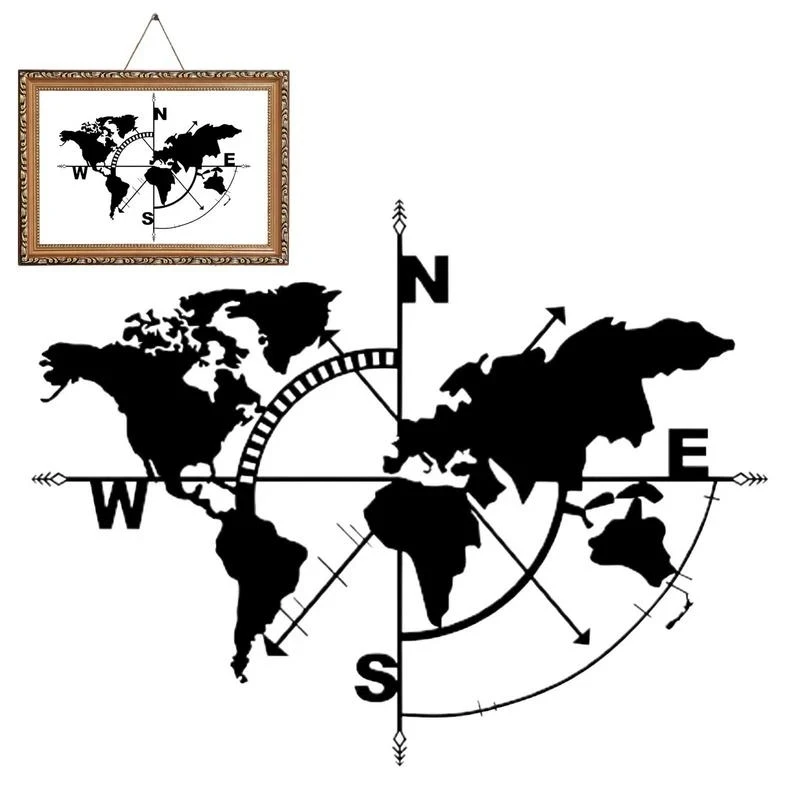 

World Map Wall Art Decoration Metal Compass Design Hanging Wall Decoration Crafts For Home Living Room Office Continent Landmark