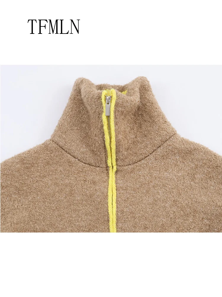 Fashion Women Knitted Sweater 2025 Autumn Winter Chic Causal Zipper Pockets Warm Overall Tops Retro Loose Stand Cardigan Tops