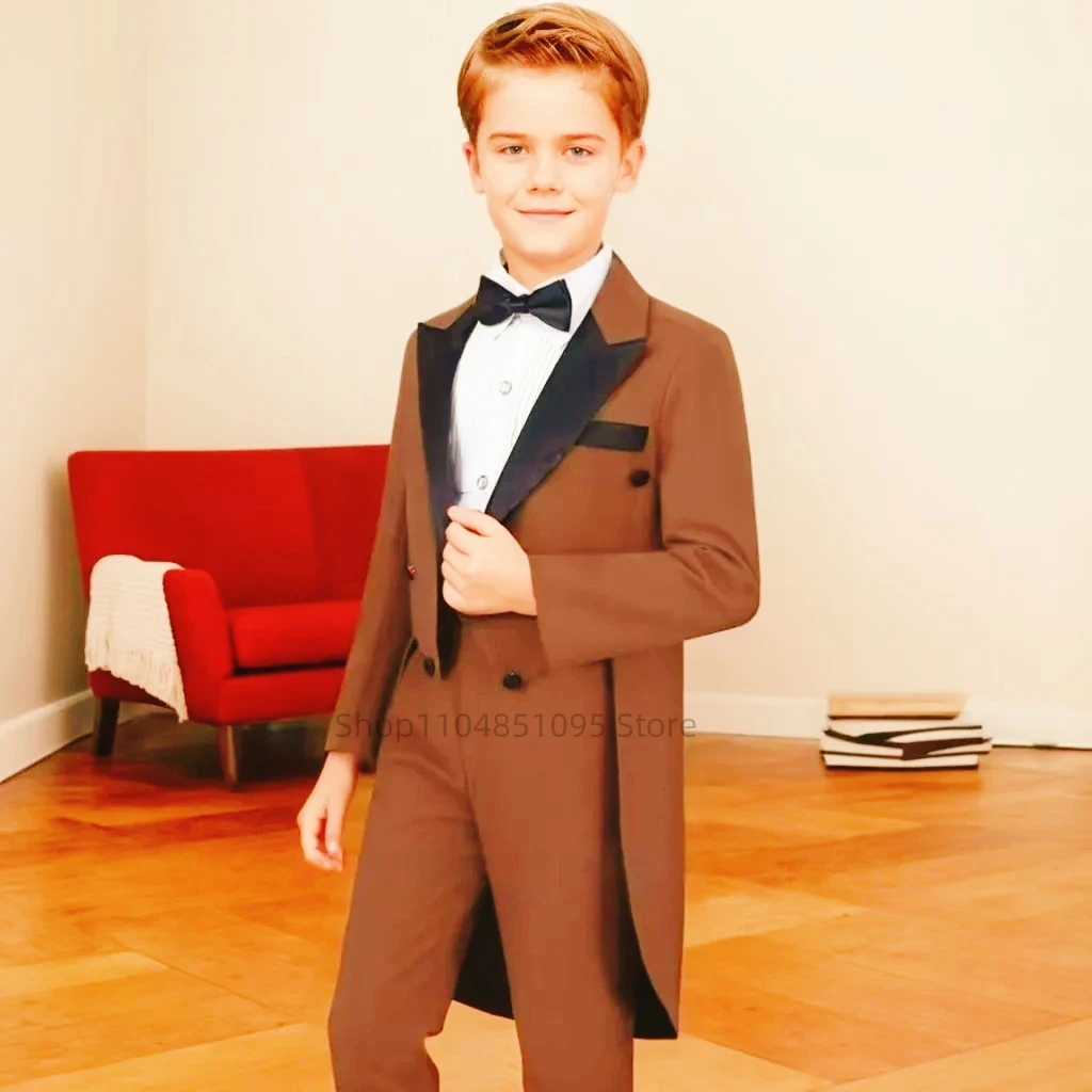 Solid 2-Piece Boys Tailcoat Suit with Peak Lapel Long Jacket And Pants Set for Formal Party Wedding Kids' Tuxedo