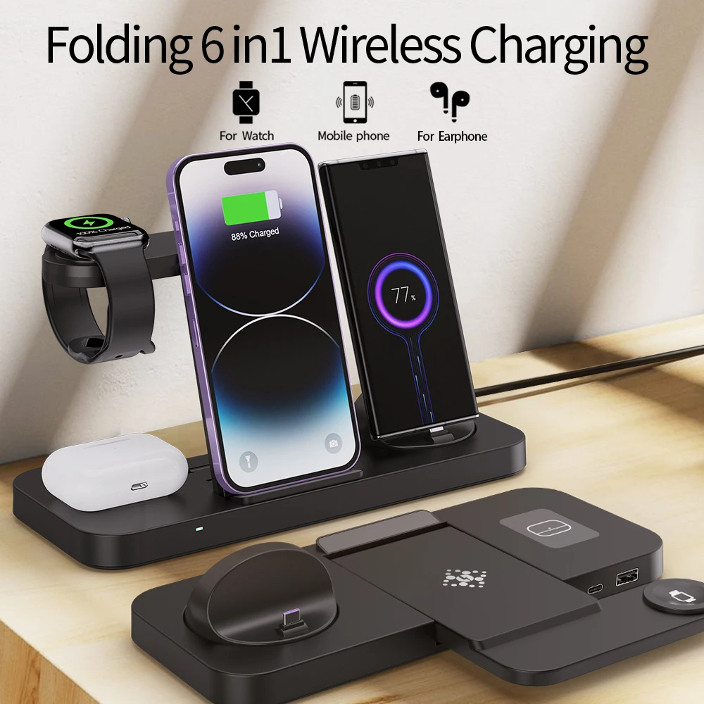 

15W 6 in 1 Wireless Charger Stand Pad For iPhone 14 13 12 11 XR Apple Watch Airpods Pro iWatch 8 7 6 Fast Charging Dock Station
