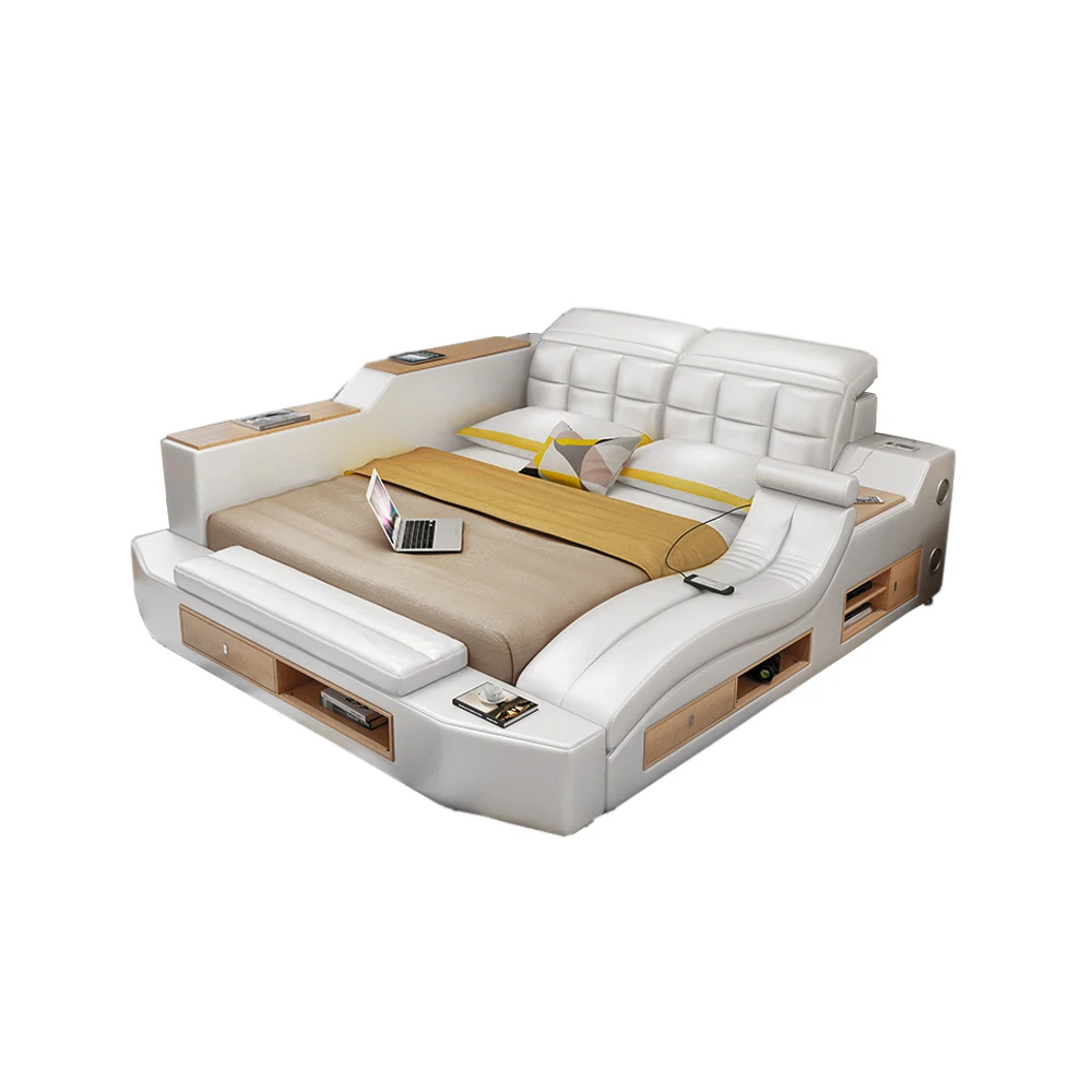 

MANBAS King Size Multifunctional Ultimate Bed Frame Tech Smart Bed with Genuine Leather, Massage, Bluetooth, Tatami and Safe