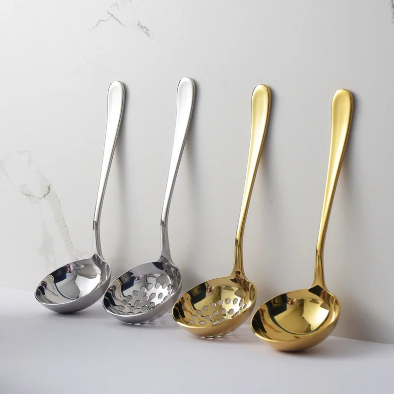 

304 Stainless Steel Mirror Type Colander Classic Extended Handle Soup Spoon Thicken Hot Pot Scoop Kitchen Tool Accessories