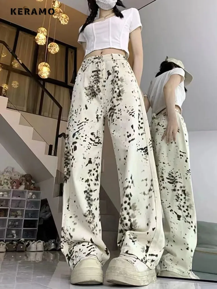 

Grunge High Street Style High Waist Print Jeans Women's Casual 2000s Pants American Vintage Baggy Y2K Wide Leg Denim Trouser