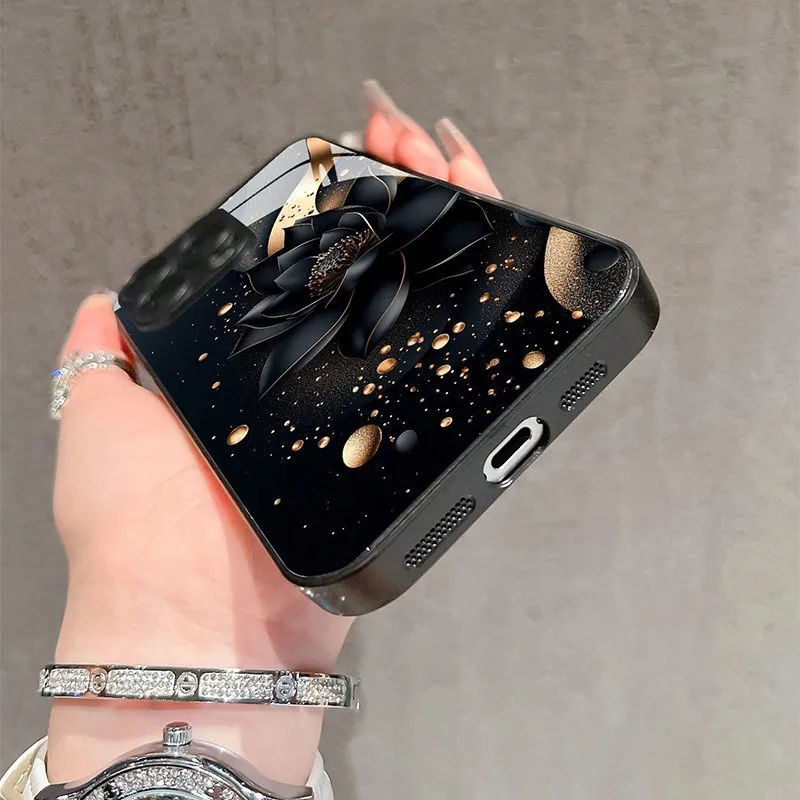 Luxurious Black Lotus Flower Pattern Phone Case with Glass Frame