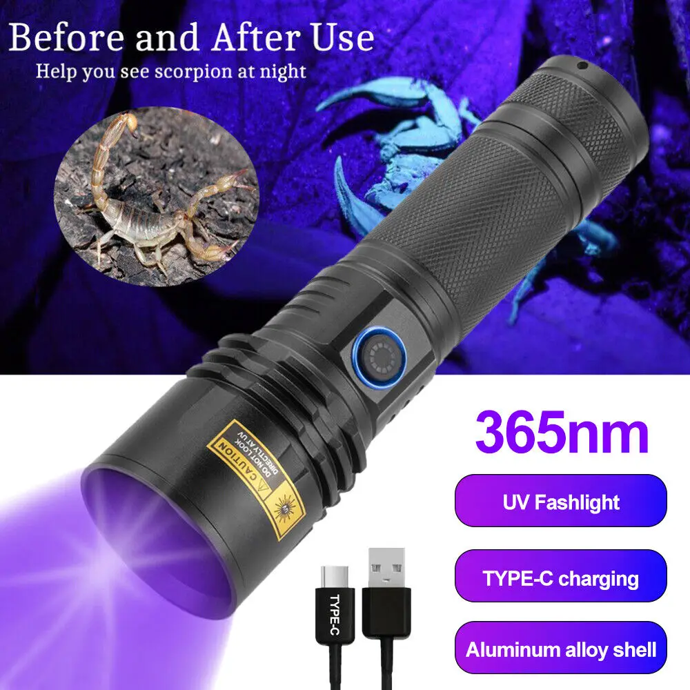 

20W 365nm UV Flashlight Ultraviolet BlackLight USB Rechargeable Filtered Purple LED Torch Detector For Pet Carpet Urine Stains