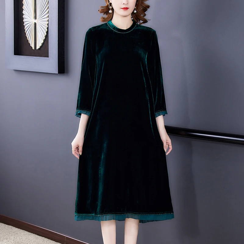 

2023 New Luxury Golden Velvet Dress Women's Autumn Retro Silk Knee Length Dress Korean Loose Tight Casual Party Dress Vestidos
