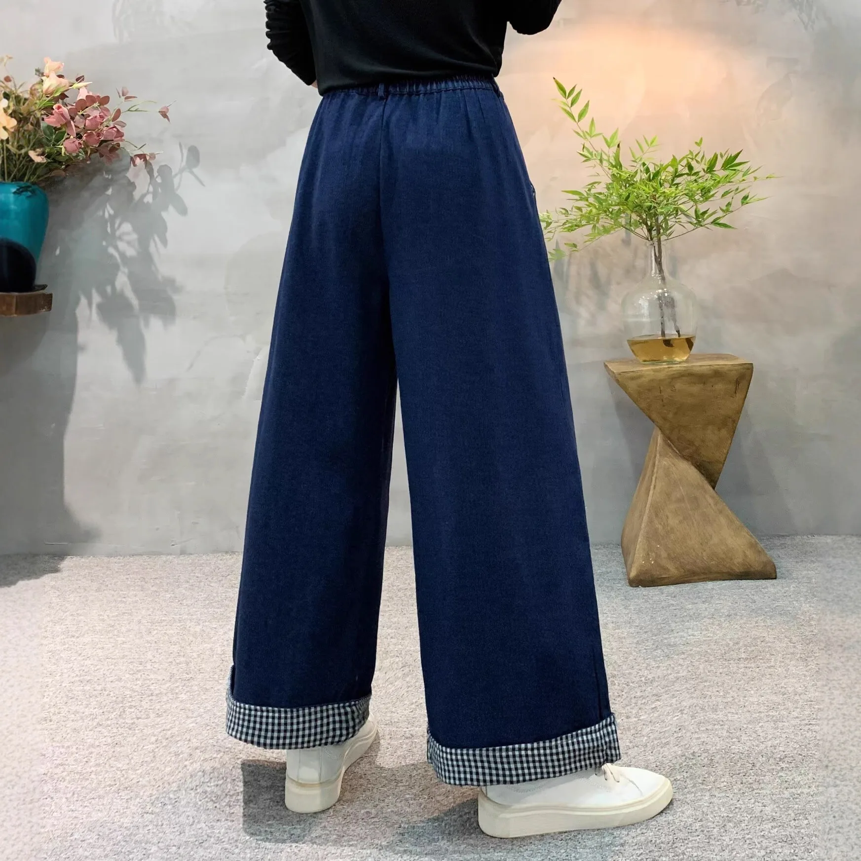 XXXXL Fashion Plus Size Women's Jeans New Plaid rolled-up Hem wide-leg Casual Denim Pants Autumn 1395