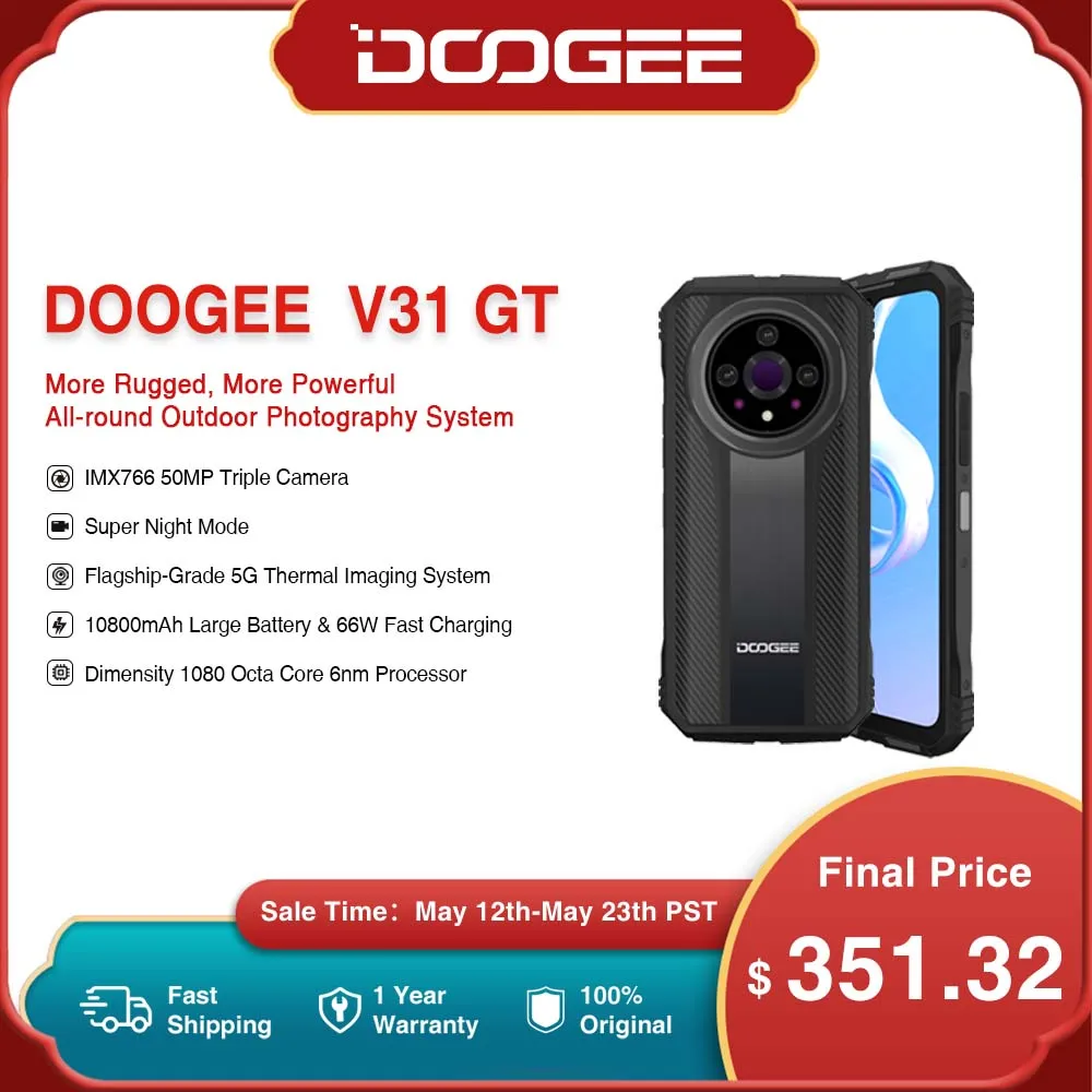 

World Premiere DOOGEE V31GT Rugged Phone 6.58” FHD Dimensity 1080 Octa Core 5G Thermal Imaging 10800mAh 66W Fast Charging Phone