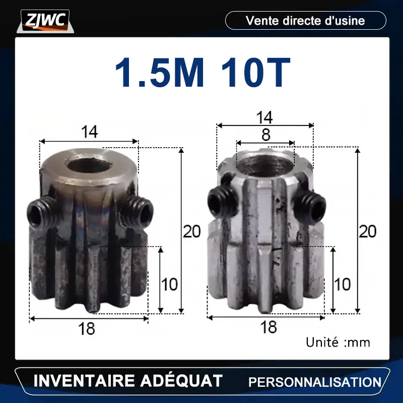 Gros plan sur un pignon RC 1.5M 10 dents alésage 8mm, montrant les dents métalliques.