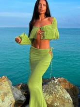

Y2K Dress Set Woman 2 Pieces Mesh Cropped Cardigan Bandage Long Skirt Two Piece Set Women Club Sexy Outfits Green Skirt Suit