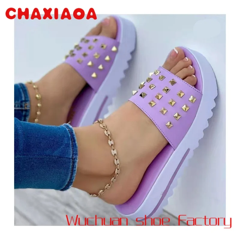 

S361 Summer Women Flat Fitness Walking Style Shoes Slides Fashion Designer Leather Slide Outdoor Sandal Lady Rivet Wedge Slipper