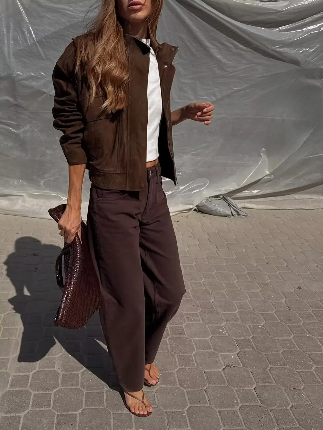 Tidalyf 2025 femmes Faux daim veste col montant à manches longues poche décorative ourlet élastique décontracté Chic automne manteau