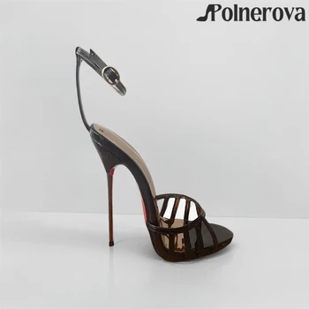 Sandali a spillo in metallo ultra sottili 14 cm o 16 cm Scarpe estive con tacco alto con cinturino Sandali da donna con cinturino alla caviglia in pelle nera con punta aperta 1