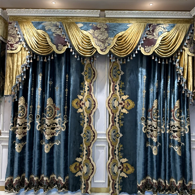 Top Luxury Embroidered Velvet Villa Curtains for Living Room Blue High-quality Custom Valance Curtains for Bedroom Kitchen Hotel