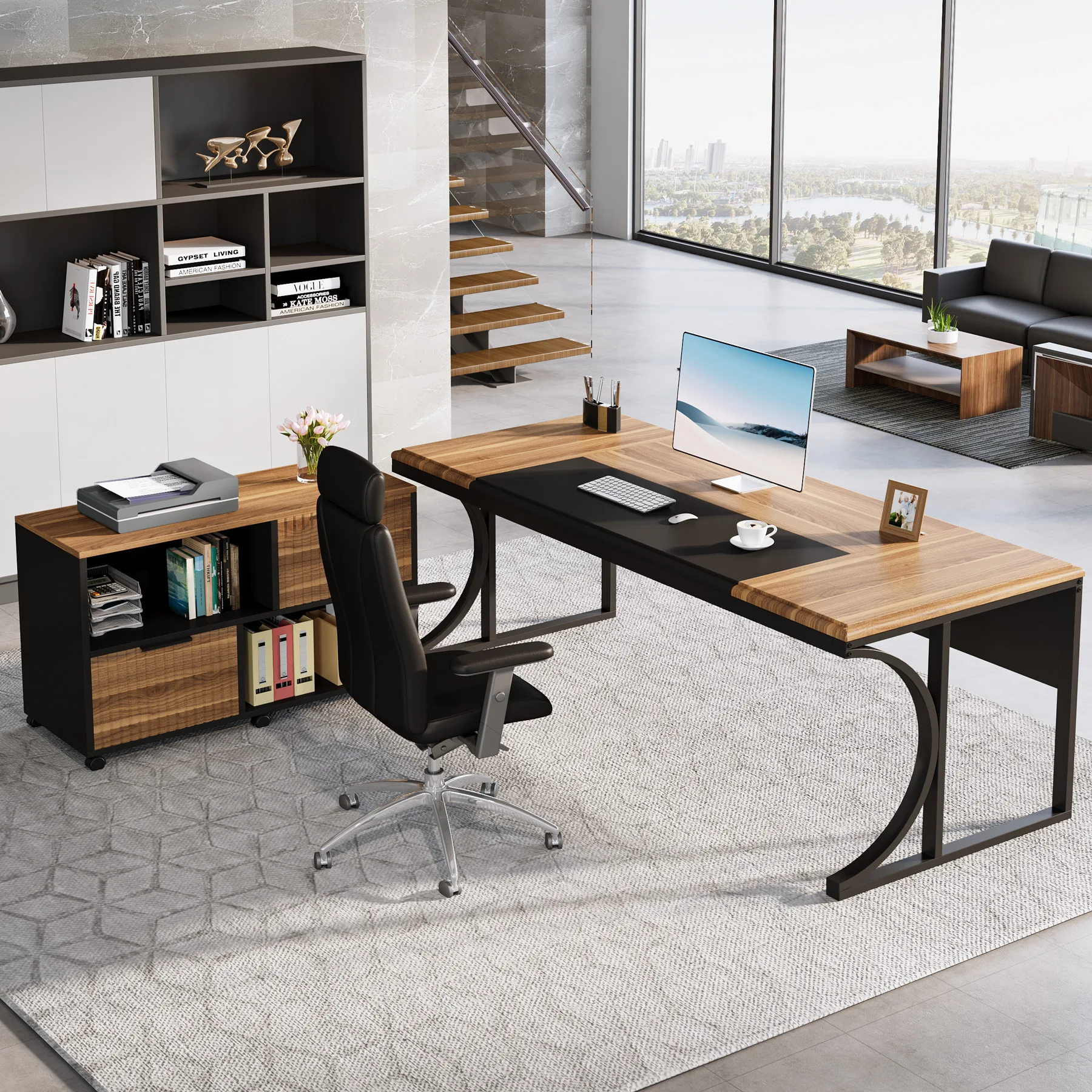 Tribesigns L Shaped Executive Desk and 2 Drawer Led Light File Cabinet Combo, 63 inch Computer Desk Writing Table Furniture Set