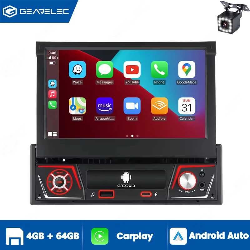 Radio de Coche 1 Din con Android 13, Pantalla Retráctil de 7 Pulgadas, Carplay, Android Auto, Reproductor Multimedia Universal para Coche, GPS, WIFI, FM, BT 1