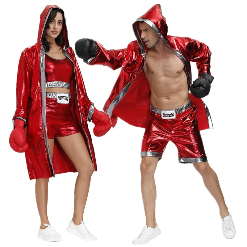 

Adults Red Boxer Uniform Sexy Boxing Costumes Carnival Halloween Party couple Cosplay Clothes Hooded Cloak Robe Shorts Set
