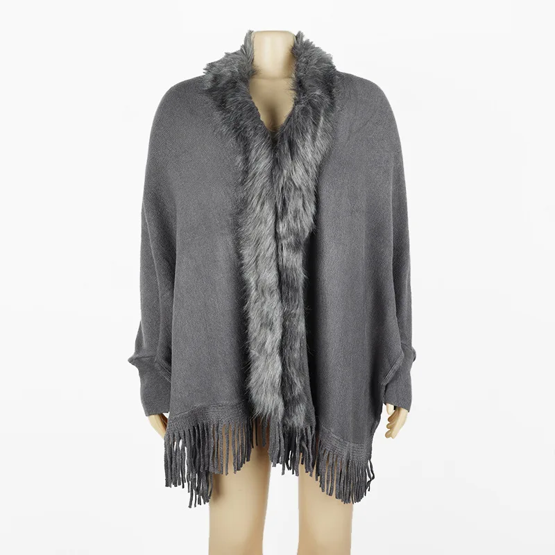 

Fur Collar Winter Shawls And Wraps Bohemian Fringe Oversized Womens Winter Ponchos And Capes Sleeve Cardigan Gray Cloak