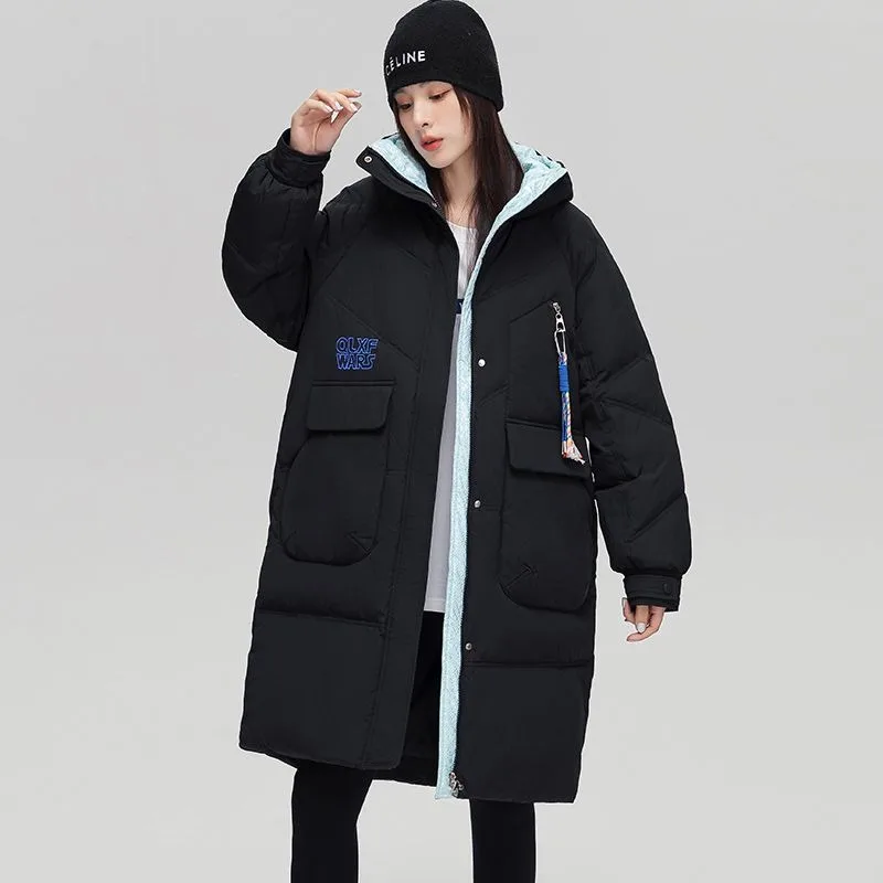 2023 New Women Down Jacket Winter Coat Female Mid Length Version Parkas Slim Fit Thick Warm Outwear Hooded Versatile Overcoat