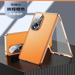 Magnetic Glass Leather Protective Phone Case with 360° Full Protection for Honor 90 (Orange)