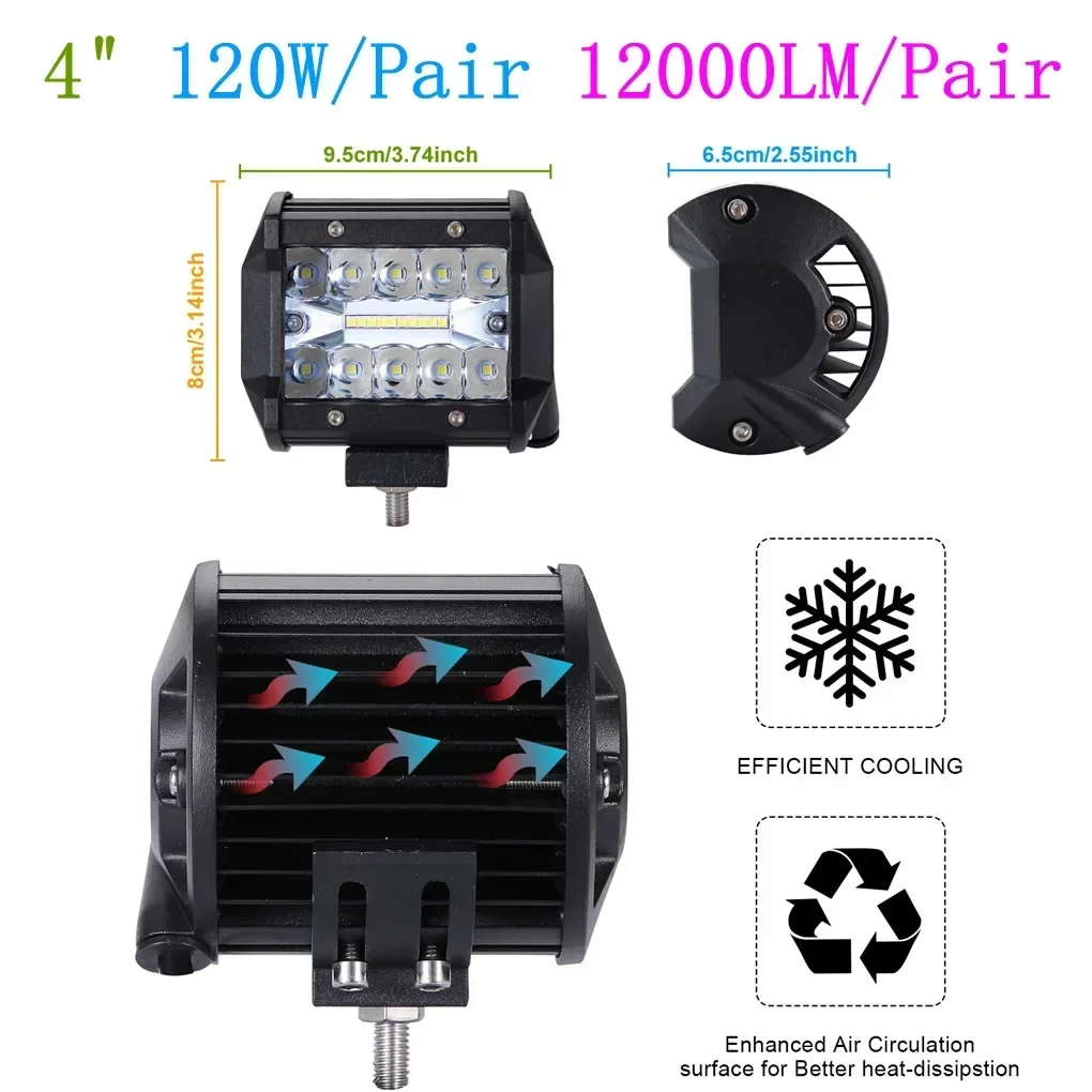 120W 2Pair 4''12V LED 빛 오프로드 투광 조명 스포트라이트 방수 IP67 작업 조명 안뜰 차고 자동차 헤드 라이트 램프 바 DJ