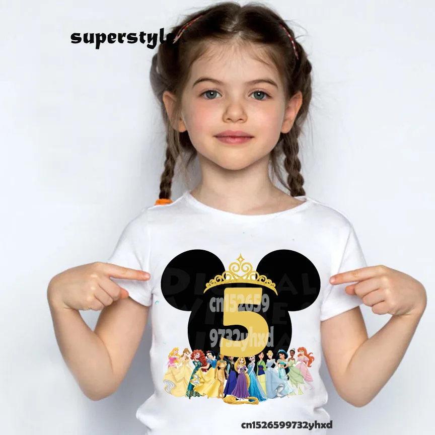 

Summer Disney Birthday Party Cartoon T Shirt for Girls Children Tshirt 2 3 4 5 6 7 8 9 Disney Princess Kids Clothes Present Tops