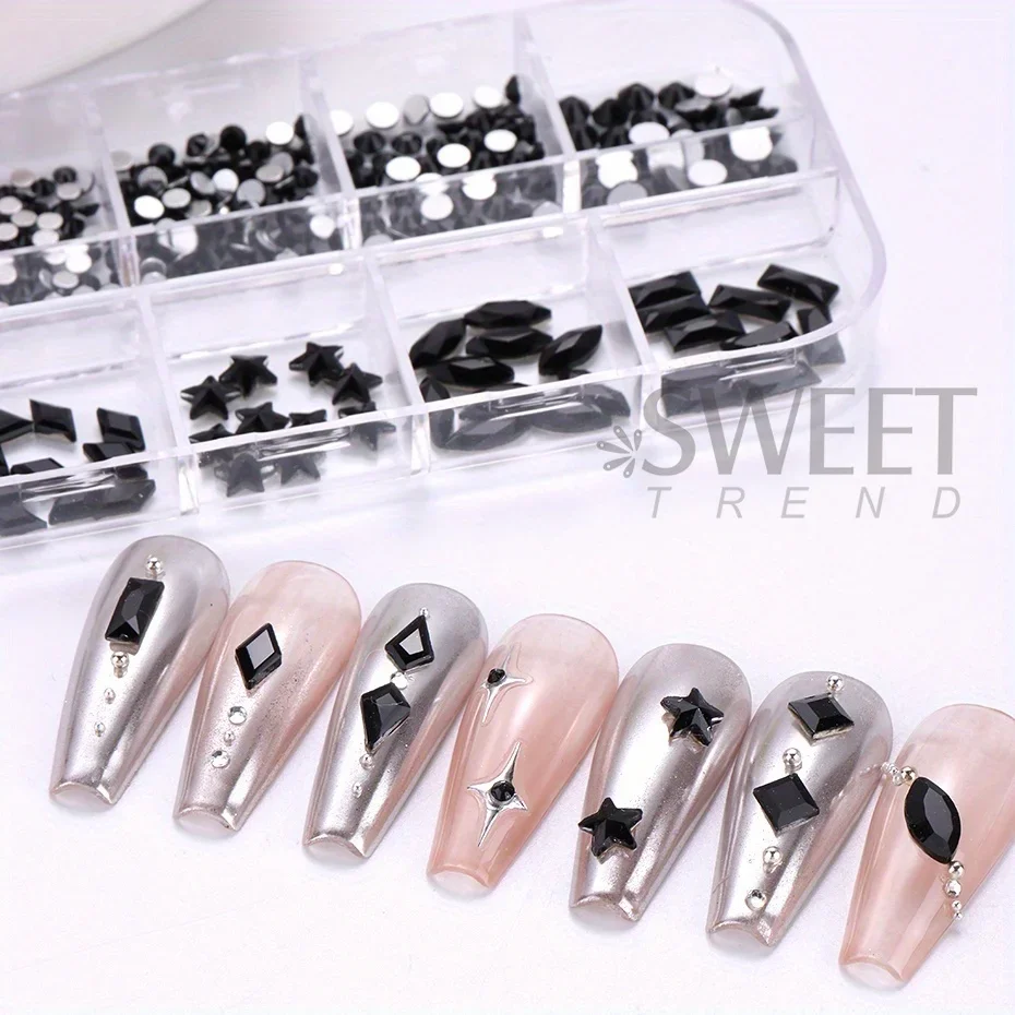 12Grid Black Glass Crystal Nail Rhinestones Flatback Odd Shaped Diamond Star Square Design Jewelry With Tweezers Decor Accessory