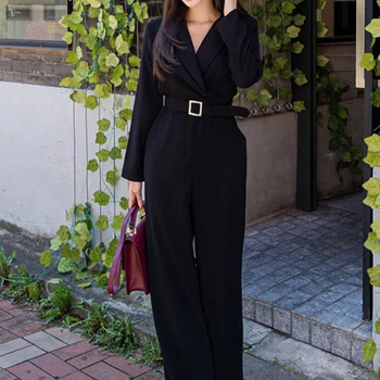 H Han Queen 여성용 한국 와이드 레그 점프수트, 하이웨이스트 슬림 롬퍼, 우아하고 시크한 전문 캐주얼 플레이수트, 봄 핫 세일