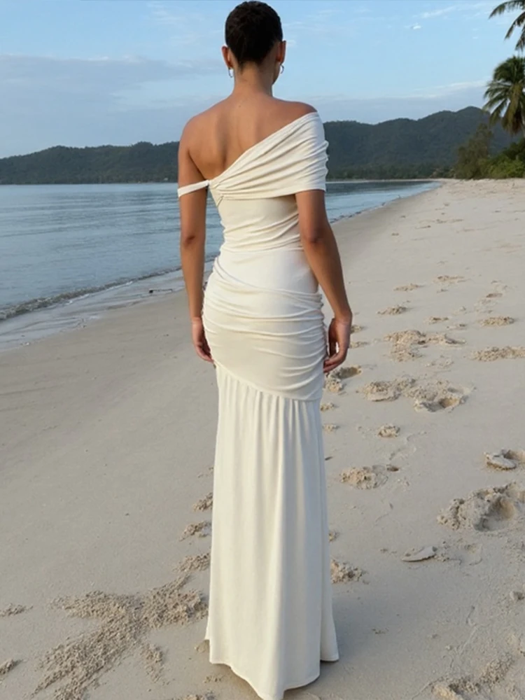 Nibber Elegant 2 Piece Set Women Irregular Skew Collar Backless Crop Top+Ruched Skirts Summer Skinny Fashion Beach Style Suit