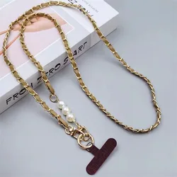 Elegant Pearl Leather Chain Crossbody Phone Strap with Metal Pendant (Khaki)