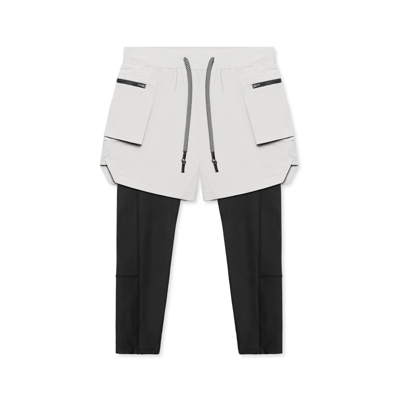 Men's Leggings Fake Two Pieces Fitness Sports Running Training Leisure Elastic Quick Drying Pants Cargo Mid-Waist Trousers