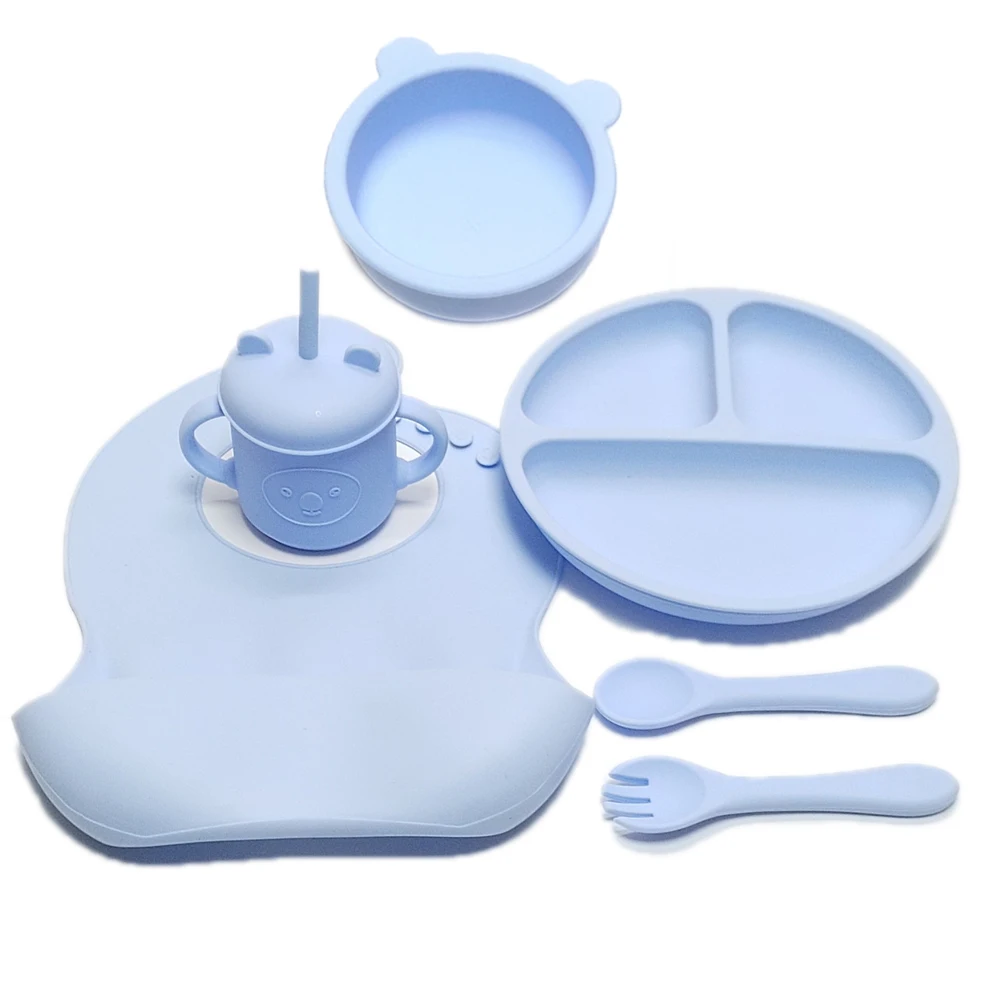6pcs Children's Silicone Bowl with Compartment Tray and Bib Mug Children's Training Bowl, Fork and Spoon 2
