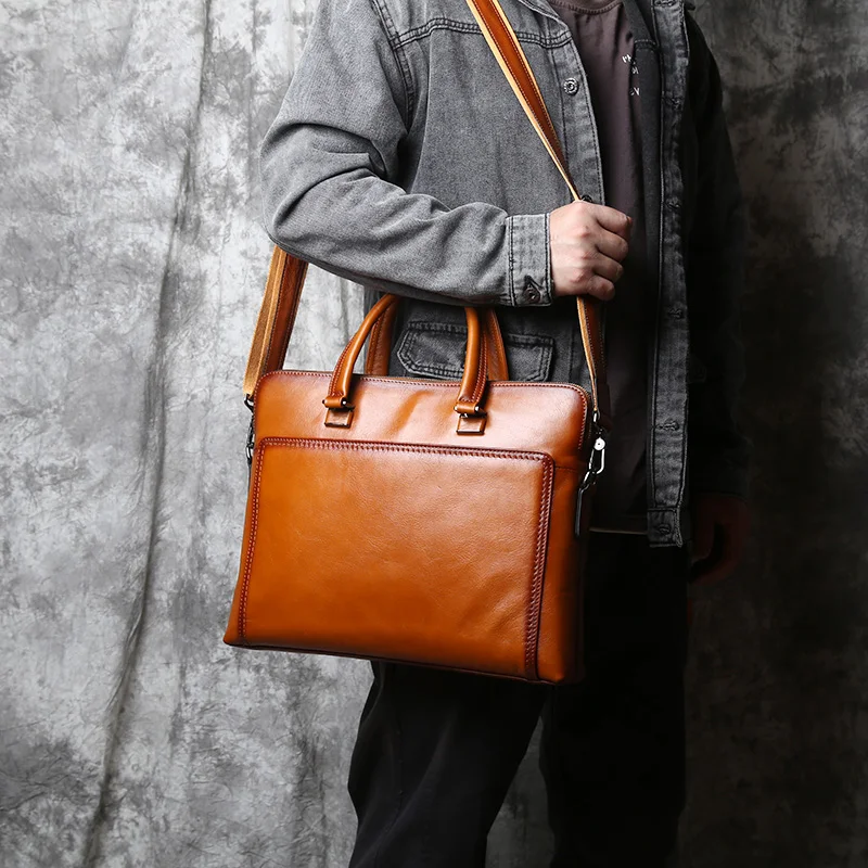 NZPJ Vintage Genuine Leather Men's Briefcase Natural Cowhide Horizontal Handbag Business Crossbody Bag Casual Computer Bag