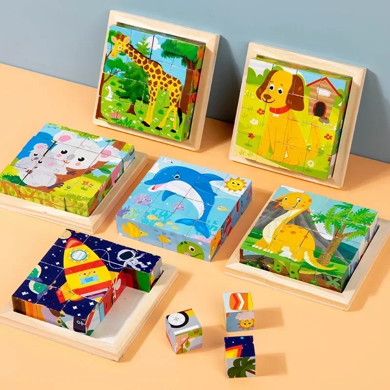 Baby Wooden Blocks Toys Children Six Side Cube Jigsaw Puzzles Game Animal Fruit Traffic Cognize Early Learning Educational Toys 4