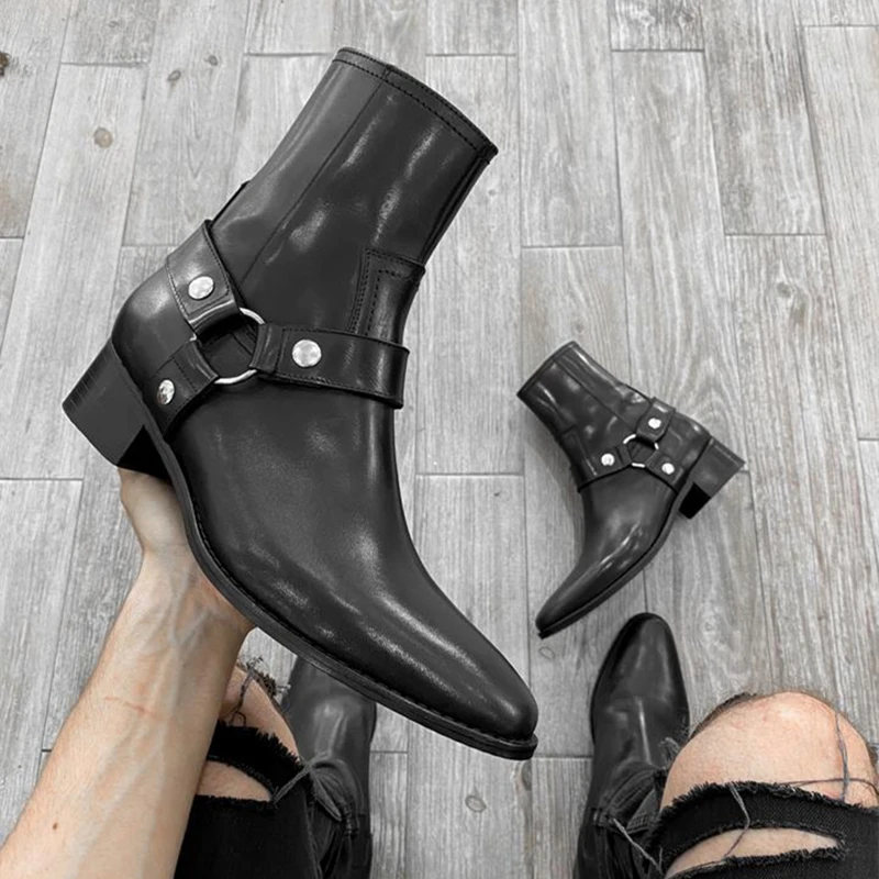 Men's Short Boots Black Genuine Leather Zip Business Low-heeled Handmade Ankle Boots for Men Zapatos Hombre
