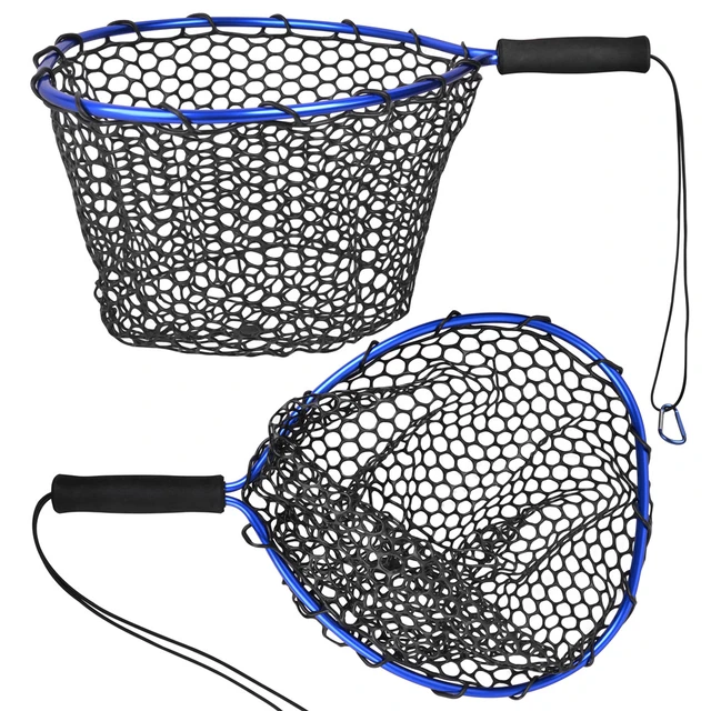 Fly Fishing Landing Net Boat Brail Blue Rubber mesh Hand Net Eva Handle  Saltwater Bass Fishing