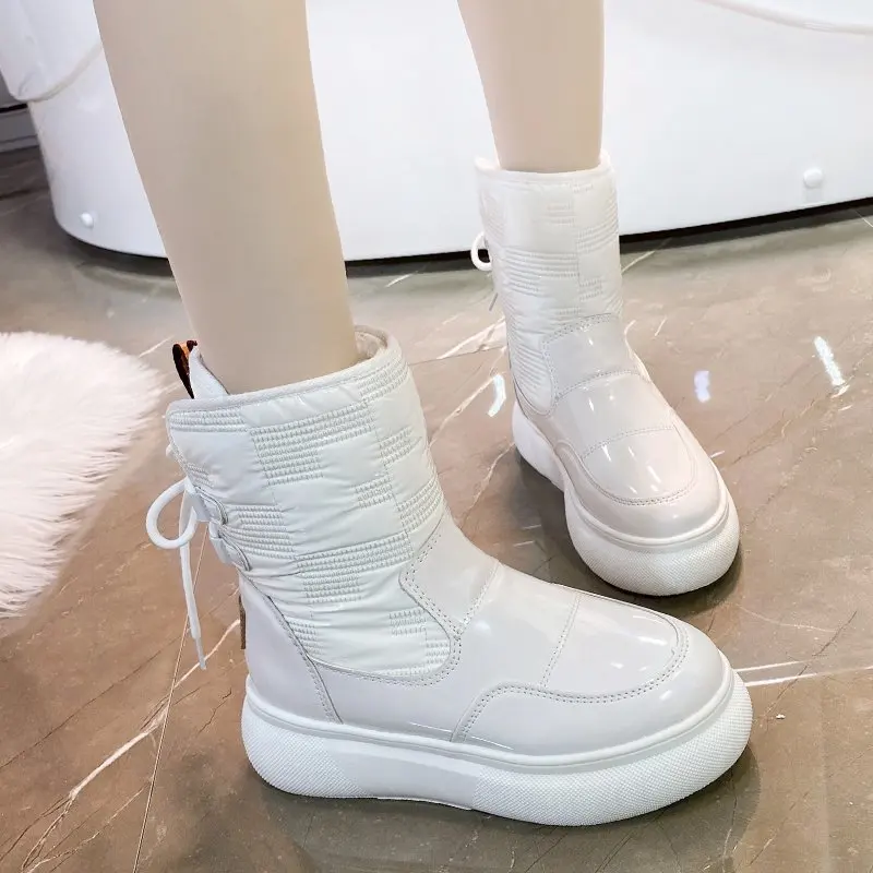 Waterproof Warm Ankle Boots Women Snow Shoes Platform Botas Mujer PU Leather Winter Thick Plush Boots Ladies 2023 New White