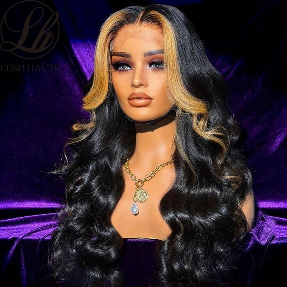 

13X4 Blonde Skunk Stripe Lace Front Wigs Synthetic P27 Black Mixed Ombre Blonde /Green Body Wave Lace Front Wig Highlights Wig