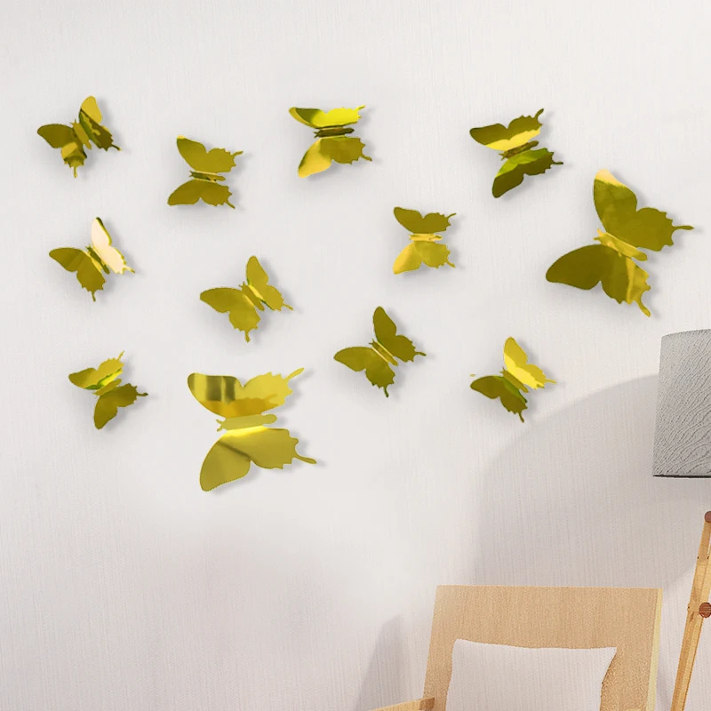 12Pcs/set Mirror Wall Stickers 3D Butterfly Wall Decal Art for Kids Room Home Wall Decoration Fridge Sticker Wedding Party 