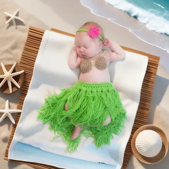Set bikini da spiaggia Abiti fotografici per neonati Oggetti di scena Copricapo lavorato a maglia, reggiseno e gonna in erba Accessori per foto da spiaggia per neonati carini