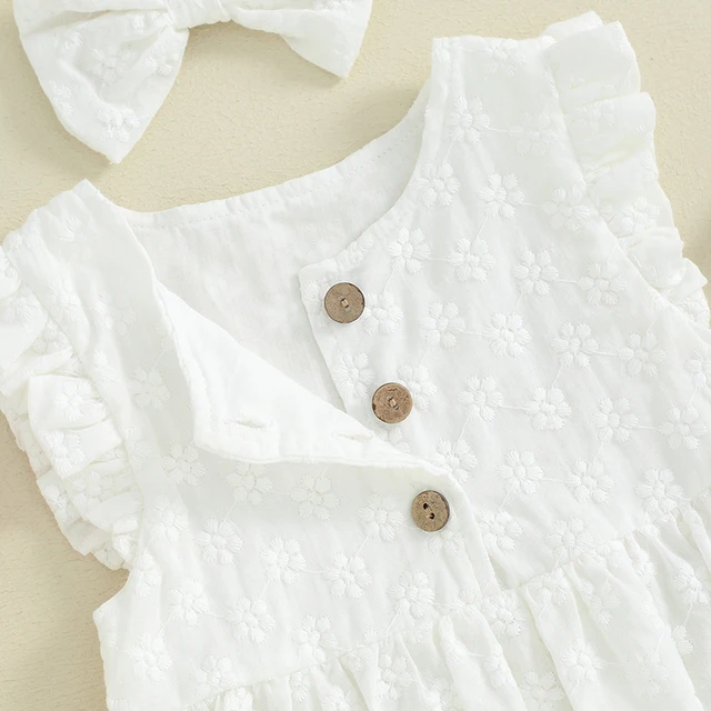 Newborn Baby Girl Summer Romper Daisy Print Shirt Ruffle Sleeveless Floral Embroidered Tops Button Bodysuit Hairband 1