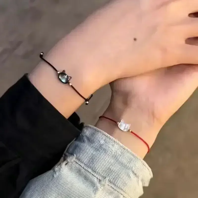 Natural Moonstone Bracelet Couple Friends Cute Cat Obsidian Charms Black Red - PeticaDeals