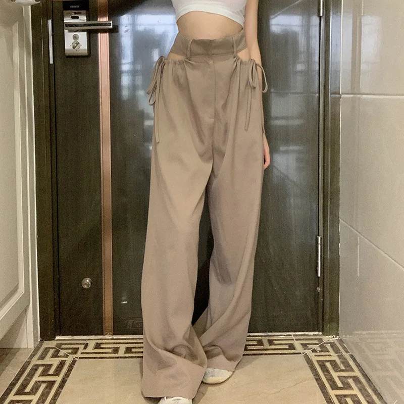 plus size clothing Meqeiss high waist hollow out tassel Straight pants 2020 female fashion  street casual wear harajuku Khaki cargo pants women capri jeans