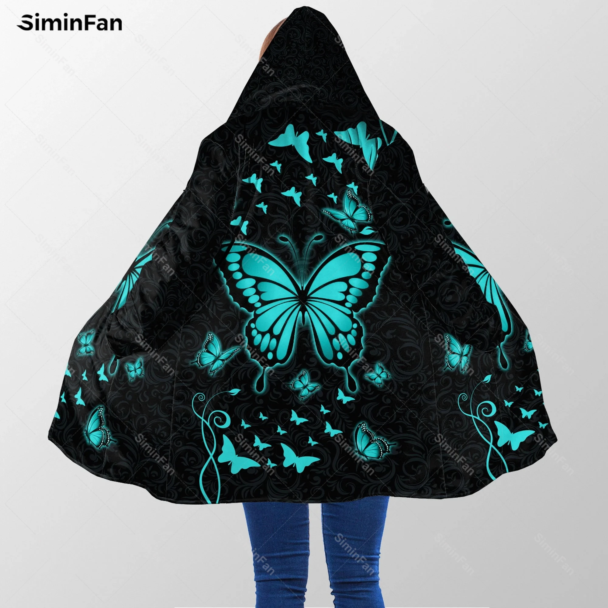 

Beautiful Butterfly 3D Print Thick Warm Hooded Cloak Men Fleece Cape Robe Overcoat Unisex Female Winter Windproof Windbreaker 01